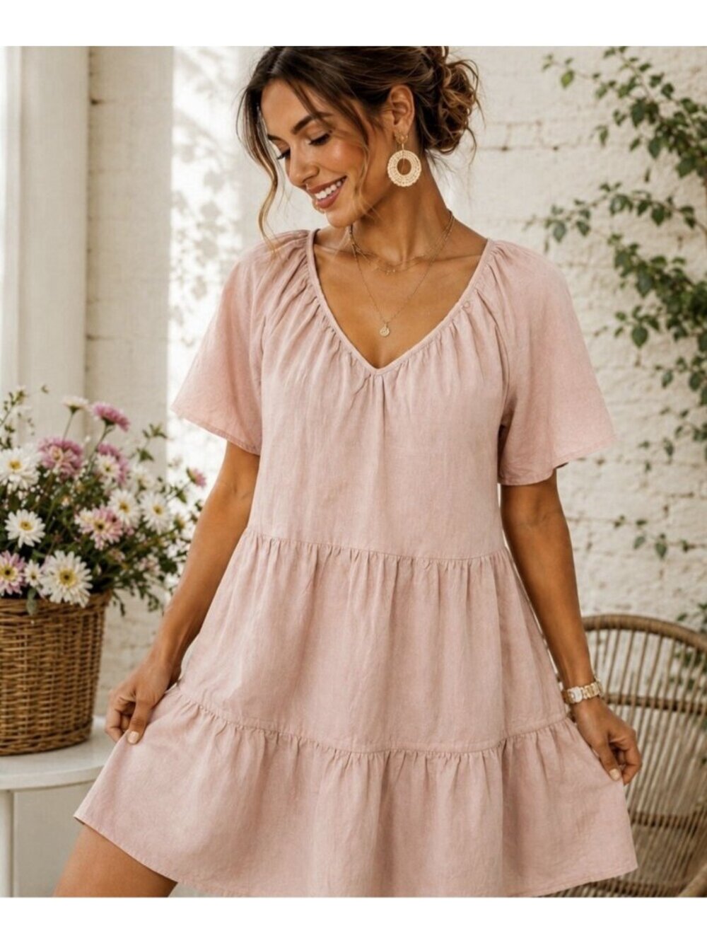 Madewell Lorelei Linen Blend Mini Dress Size 2X Pink Babydoll Cottagecore Tiered